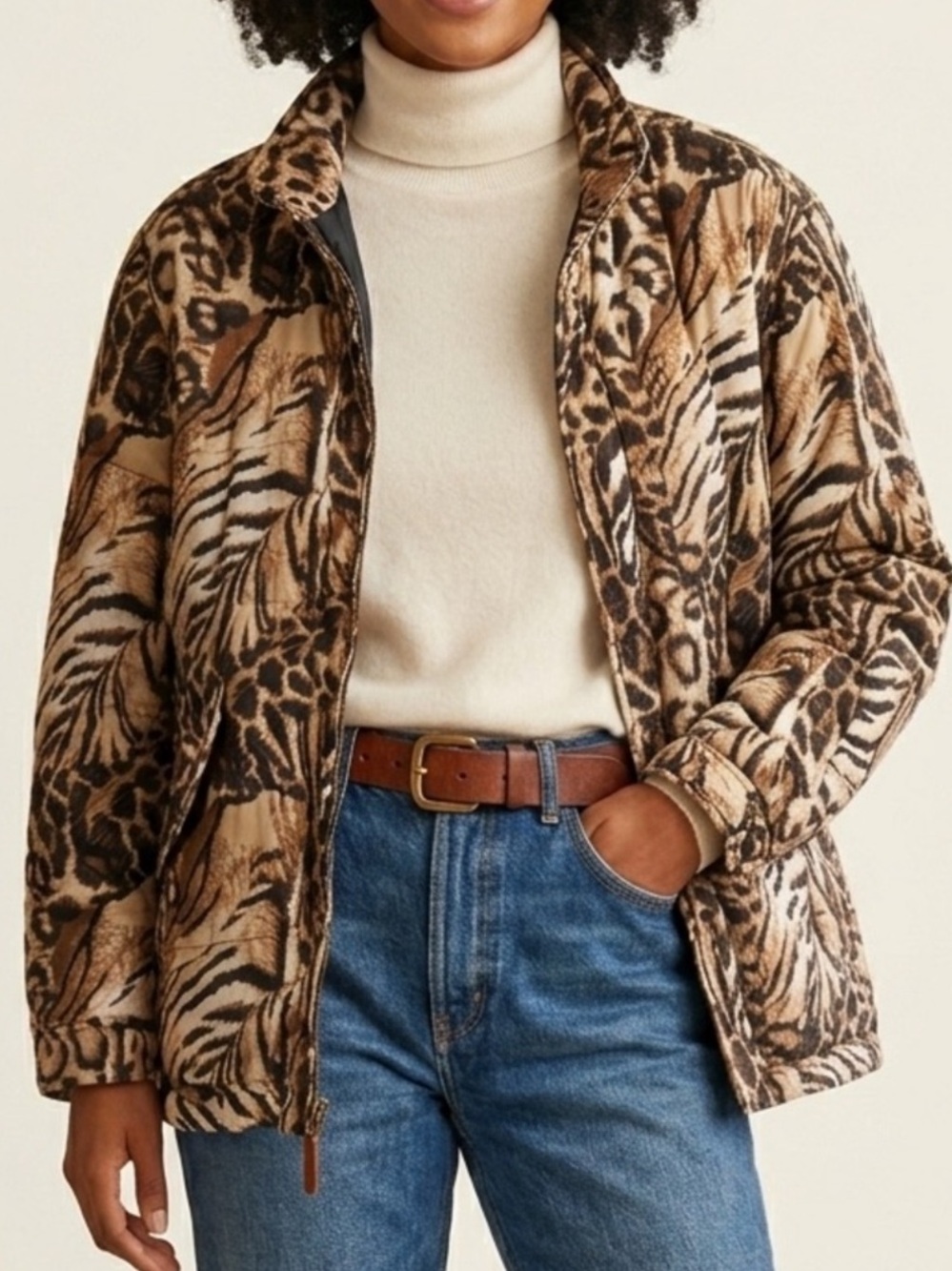 Vintage CLIO Silk Animal Print Oversized Bomber Jacket Size Small